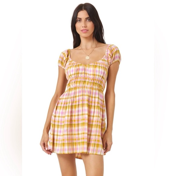 l*space Dresses & Skirts - L*Space Belle Plaid Yellow & Pink Criss Cross Back Mini Dress Various Sizes NWT